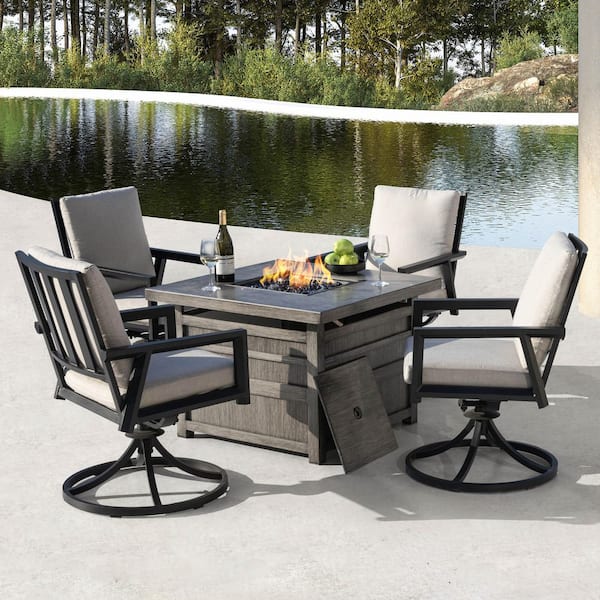 Black 5-Piece Fire Pit Set with 4 Swivel Chairs and 1 Aluminum Propane Gas Gray Fire Pit Table