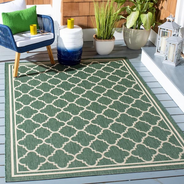 Courtyard Dark Green/Beige 9 ft. x 12 ft. Geometric Moroccan Indoor/Outdoor Patio  Area Rug