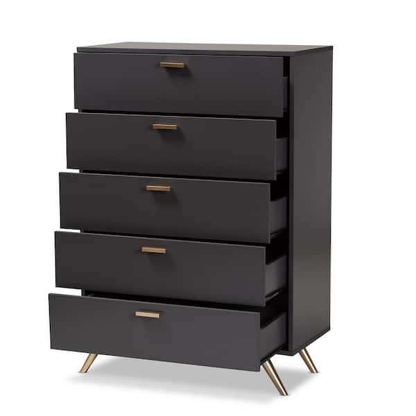 Baxton Studio Kelson 5 Drawer Dark Grey and Gold Chest of Drawers