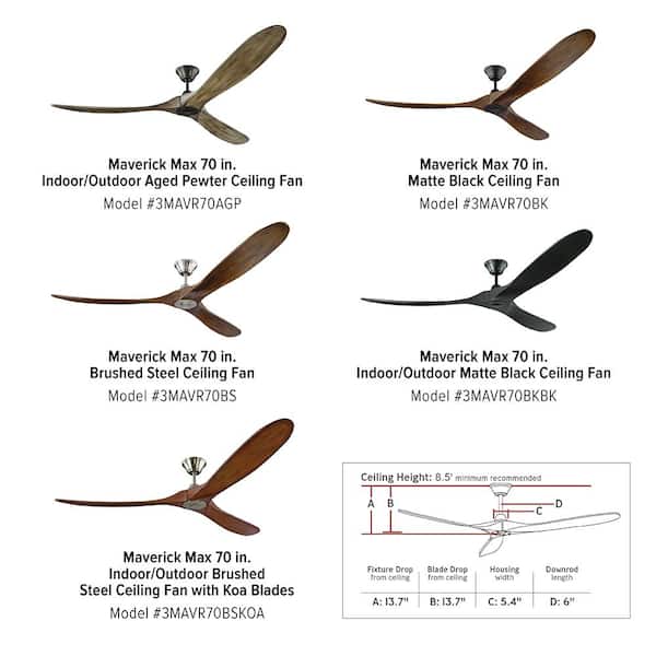 Generation Lighting - Maverick Max 70 in. Modern Indoor/Outdoor Matte Black Ceiling Fan with Matte Black Blades and 6-Speed Remote Control