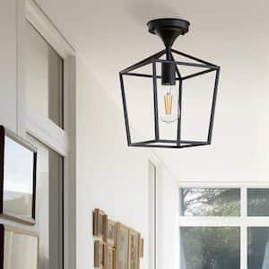 1-Light Black Modern Industrial Cage Semi Flush Mount Ceiling Light for Hallway Bedroom Farmhouse Kitchen Entryway Hall