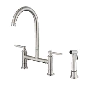 Swan Double Handle Bridge Kitchen Faucet 360° rotation High-Arc Spout Stainless in Brushed Nickel