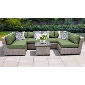 Florence 7-Piece Wicker Outdoor Patio Conversation Sectional Seating Group with Cilantro Green Cushions