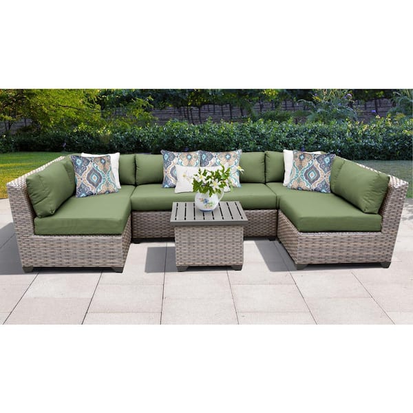TK CLASSICS Florence 7-Piece Wicker Outdoor Patio Conversation Sectional Seating Group with Cilantro Green Cushions