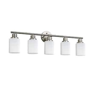 31.5 in. W 5-Light Vanity Light for Bathroom Brushed Nickel Finish with Frosted Glass Shades, E26, No Bulbs Included