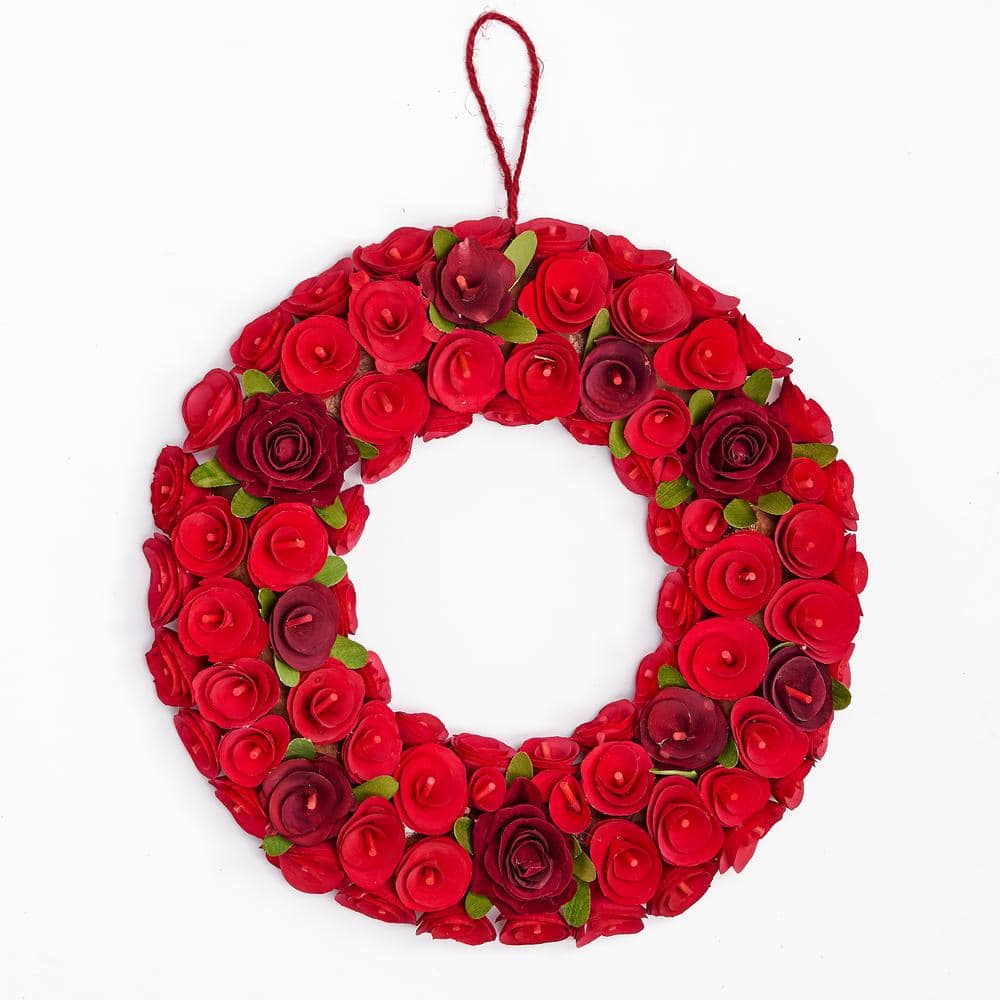 16 in. Artificial Red Wood Curl Wreath with Faux Roses