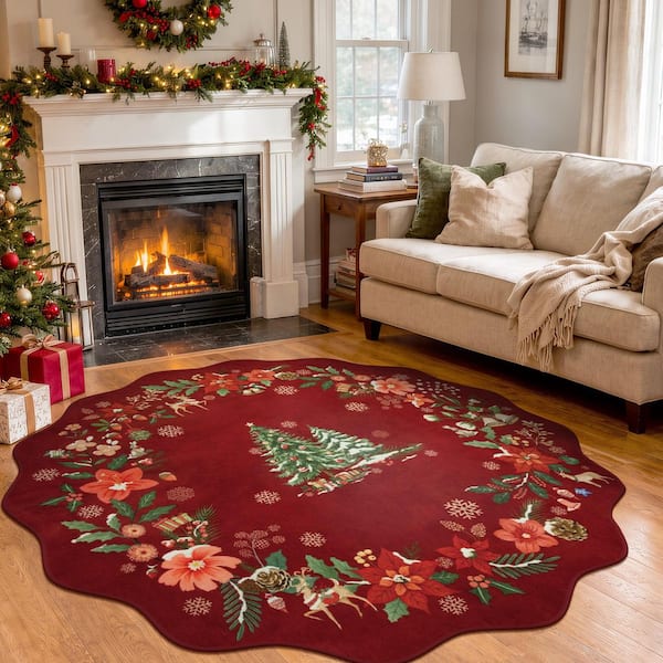 Washable Christmas Vintage Floral Scalloped Non Slip 4 ft. x 4 ft. Red Entryway Bedroom Indoor Round Rug