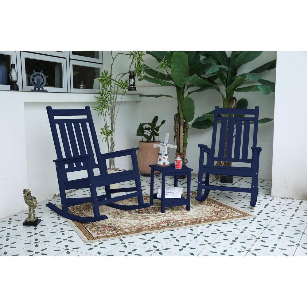 Jushua 3-Piece Wood-Texture Outdoor Rocking Chair Set, Navy Blue