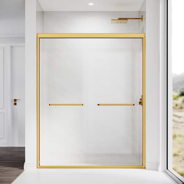 48 in. W x 72 in. H Sliding Semi Frameless Shower Door in Brushed Gold Finish with Clear Glass, Stainless Steel Handles