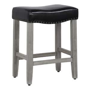 Jameson 24 in Counter Height Antique Gray Wood Backless Nailhead Barstool, Upholstered Black Faux Leather Saddle Seat