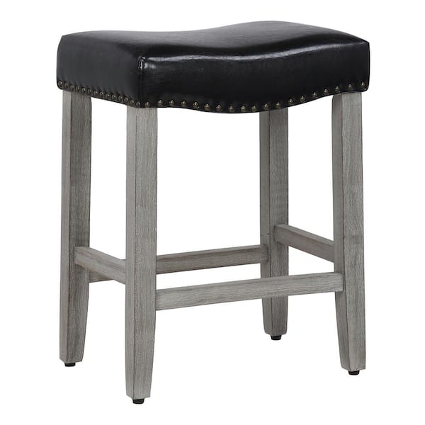 WESTINFURNITURE Jameson 24 in Counter Height Antique Gray Wood Backless Nailhead Barstool, Upholstered Black Faux Leather Saddle Seat