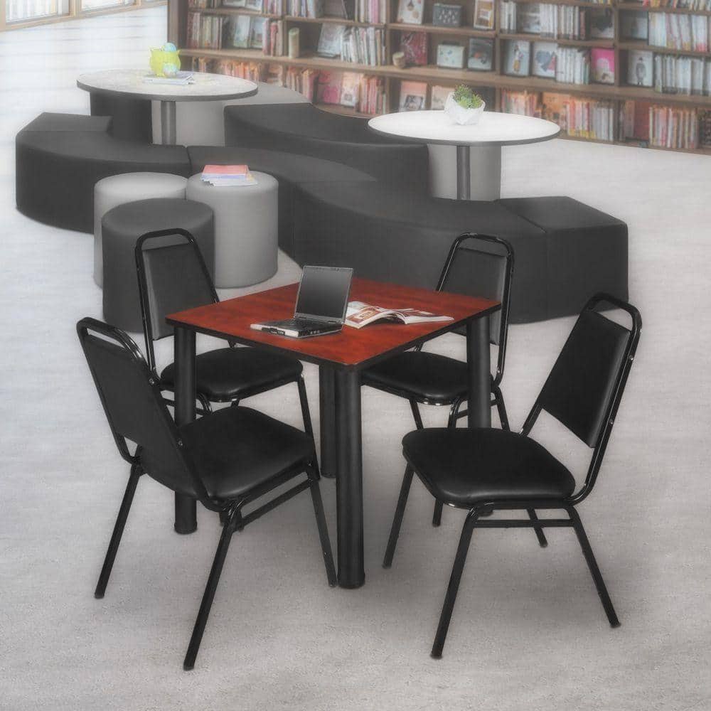 Kee 30 in. Cherry Top Square Breakroom Table Desk, Black Legs, 4 Restaurant Stack Chairs