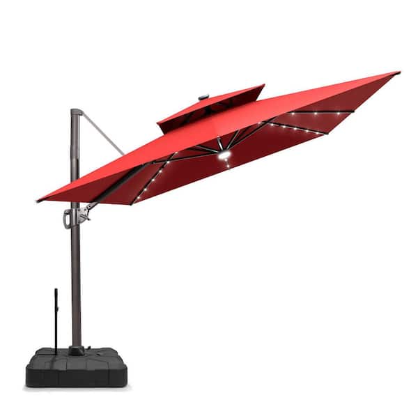 11.5 ft.x 9 ft.Rectangular Solar LED Lighted 360° Rotation Cantilever Patio Umbrella in Red With 300lbs.Wheeled Base