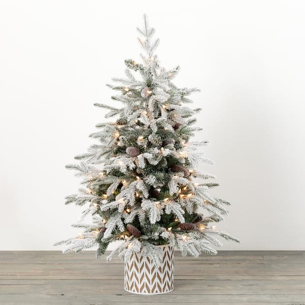 SULLIVANS 4' Green Prelit Potted Flocked Pine Artificial Christmas Tree