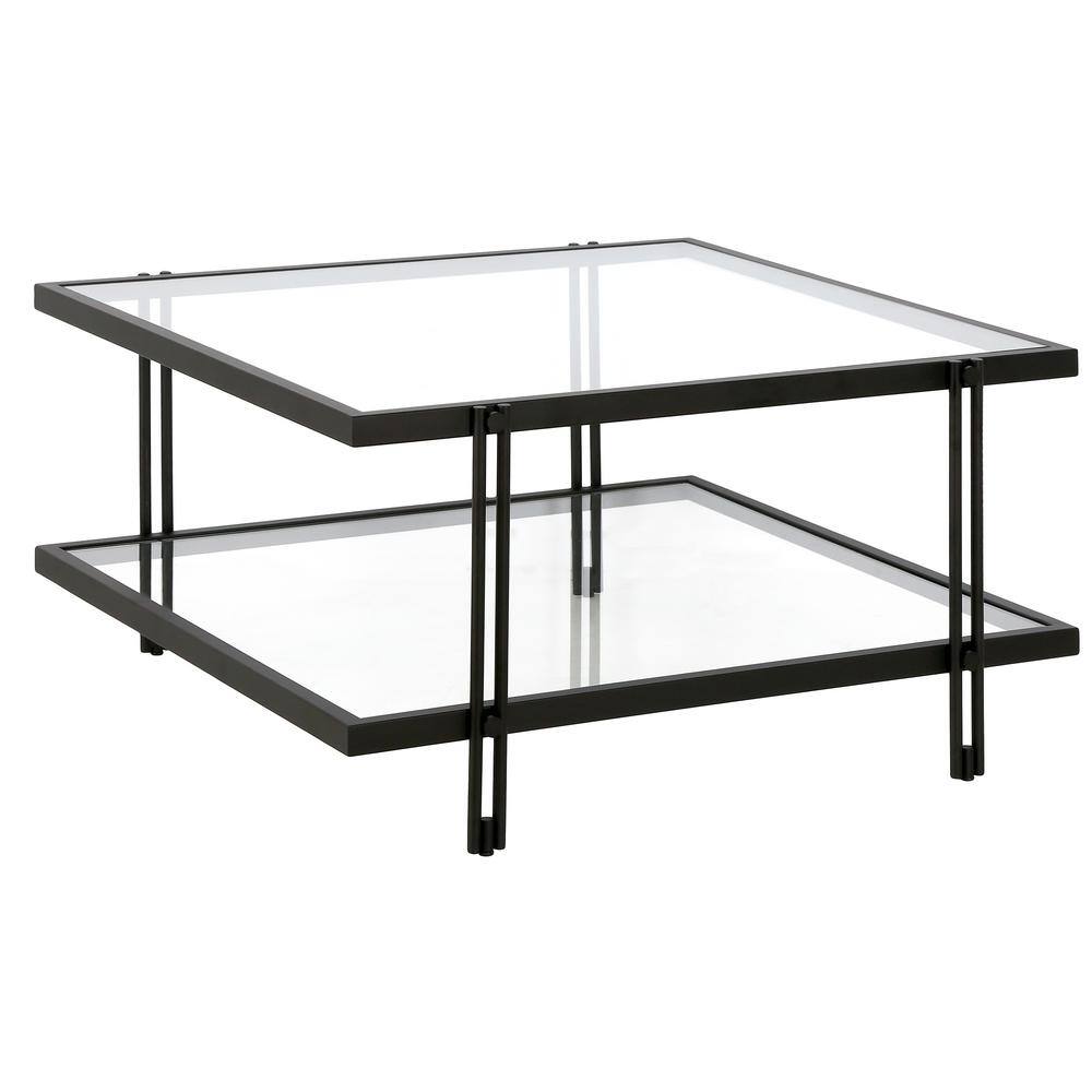 Modern Square Glass Coffee Table with Lower Shelf in Blackened Bronze