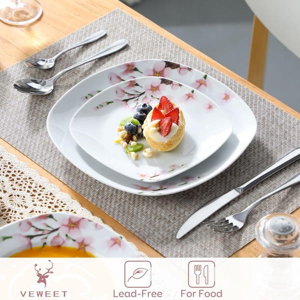VEWEET 20-Piece White with Pink Floral Pattern Porcelain