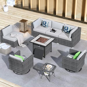 Messi Grey 8-Piece Wicker Outdoor Patio Fire Pit Conversation Sofa Set with Swivel Rocking Chairs and Grey Cushions
