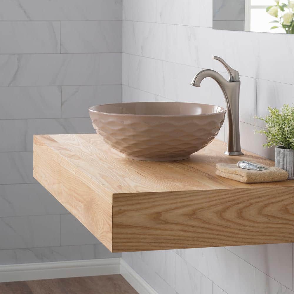 Beige Round Ceramic Vessel Sink with Ultra-Slim Edges