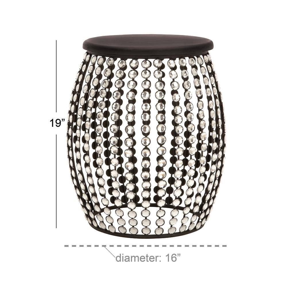 Glam Black Iron and Wood Round Accent Table with Crystal Embellishments