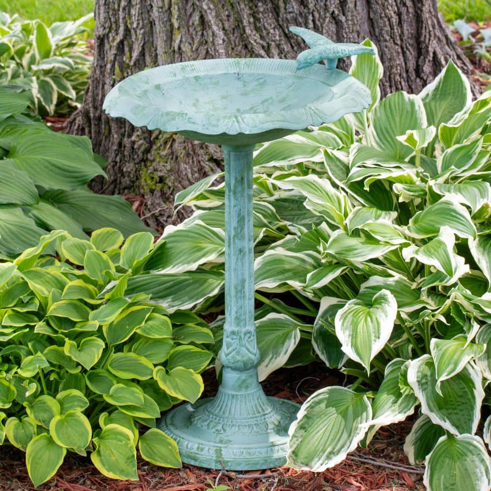 Green Patina Cast Aluminum Garden Bird Bath with Sculpture