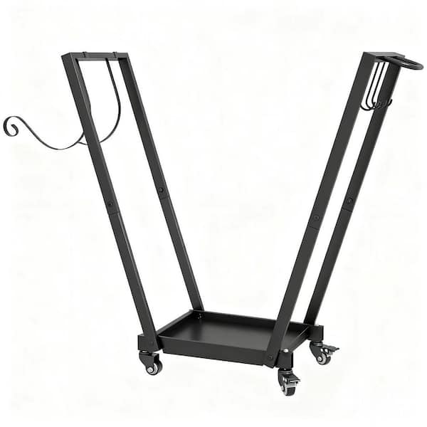 Firewood Rack with Wheels, Metal Log Holder with Kindling & Tool Hooks, Outdoor Wood Storage Serving Car ' Tray