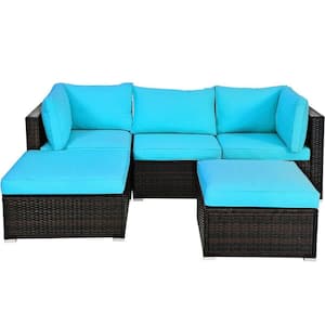 5-Piece PE Wicker Outdoor Sectional Set with Ottoman Table with Blue Cushions