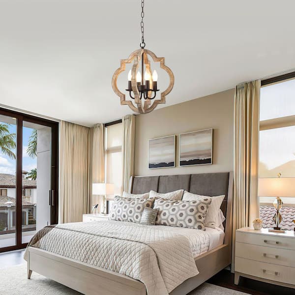 Fayet 4 Light 16 in. Weathered Wood Farmhouse Chandelier, Adjustable Height Modern Chandelier for Kitchen Island