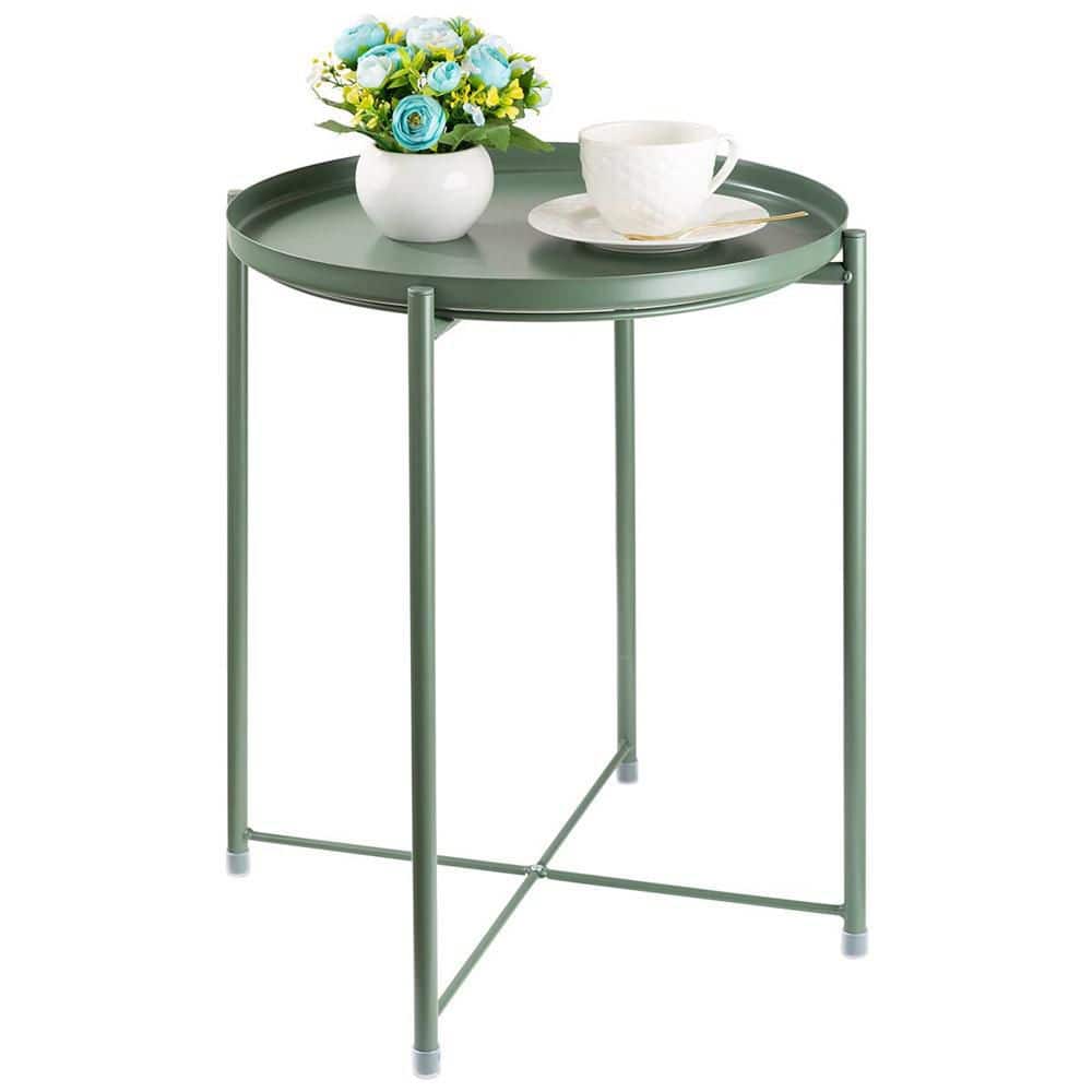 Dark Green Metal Outdoor Dining Table without Extension Metal Side Table wi