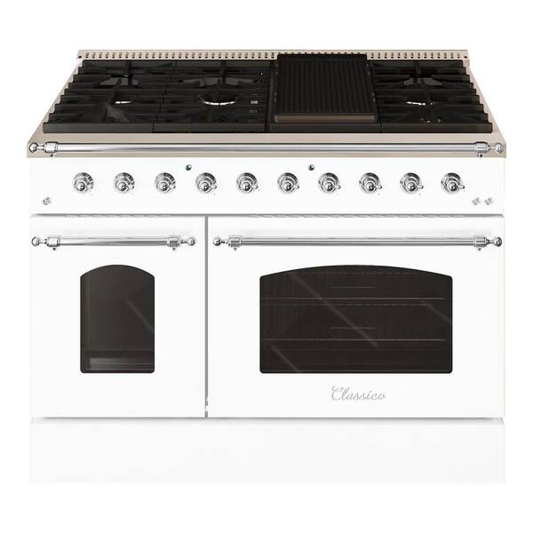 Hallman Classico 48 in. 8 Burner Freestanding Double Oven Dual Fuel Range with Gas Stove and Electric Oven in White