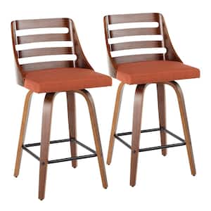 Trevi 36.25 in. Counter Height Bar Stool in Orange Fabric and Walnut Wood (Set of 2)