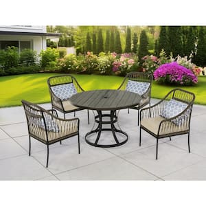 Windy Gray 5-Piece Polywood Wood Circle Standard Height Outdoor Dining Set with 4 Cushion Chairs