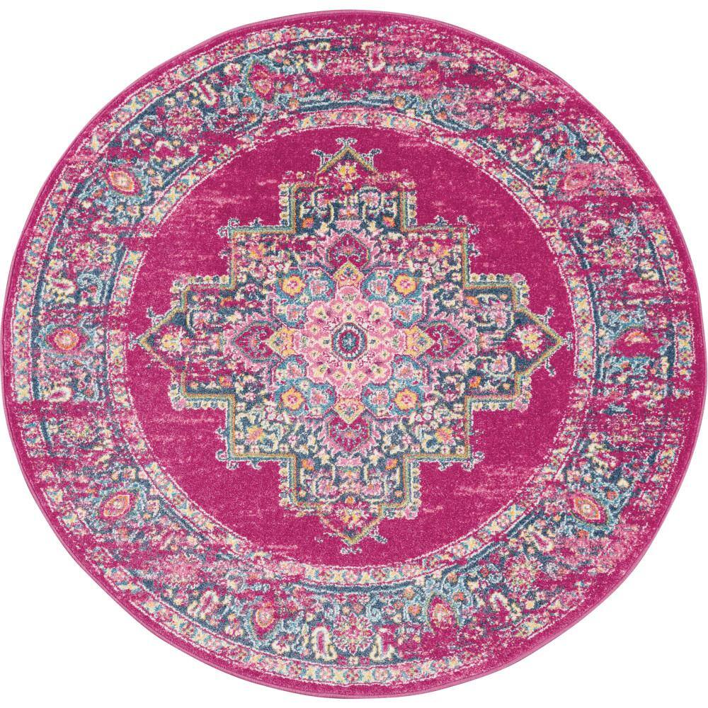 Bohemian Bliss Blue Floral Round Synthetic Easy-Care Rug, 5'3"