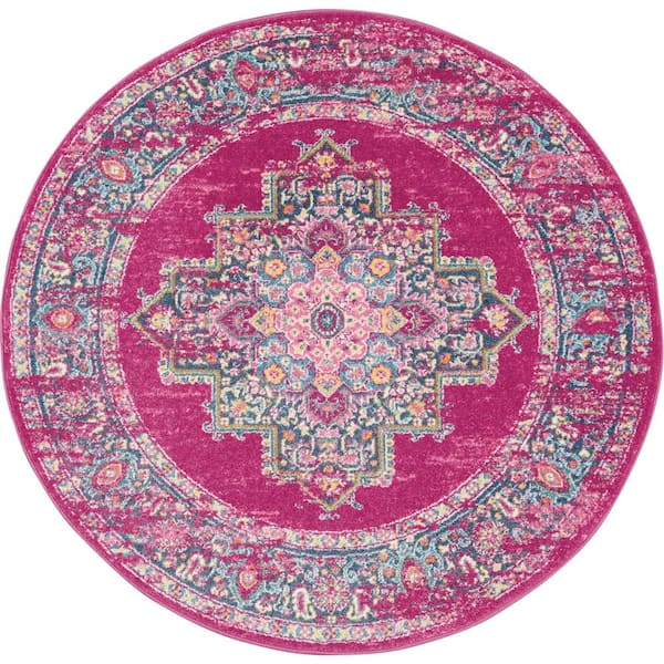 Nourison Passion Fuchsia 5 ft. x 5 ft. Bordered Transitional Round Rug