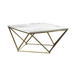 36 in. White and Gold Square Faux Marble Coffee Table with Slender Base