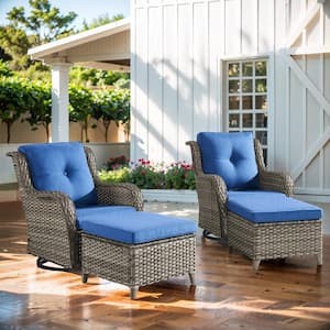 Carolina Gray Rocking Swivel Wicker Outdoor Lounge Chair with Blue Cushions with ottomans