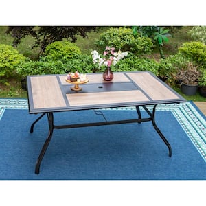 Black Geometric Rectangle Metal Patio Outdoor Dining Table with 1.57 in. Umbrella Hole and Wood-Look Tabletop