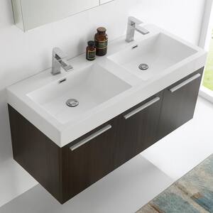 Vista 48 in. Vanity in Gray Oak with Acrylic Vanity Top in White with White Basins and Mirrored Medicine Cabinet