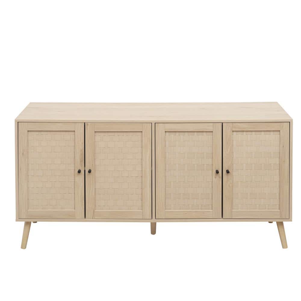 Light Brown MDF and Pine Wood 4-Door Pantry Organizer Cabinet