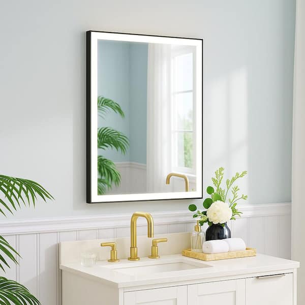 RECA 24 in W x 32 in. H Rectangular Single Aluminum Framed Anti-Fog LED Light Wall Bathroom Vanity Mirror in Matte Black