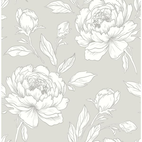 CASA MIA Peony Flower Gray/White/Silver Paper Non-Pasted Strippable Wallpaper Roll (Cover 56.00 sq. ft.)