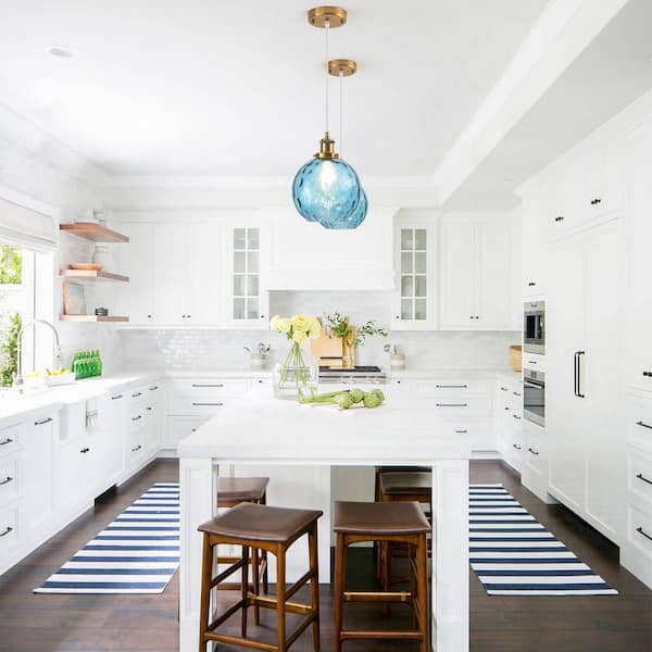 60 -Watt 1-Light Blue and Gold Shaded Pendant Light with Globe Glass Shade, No Bulbs Included