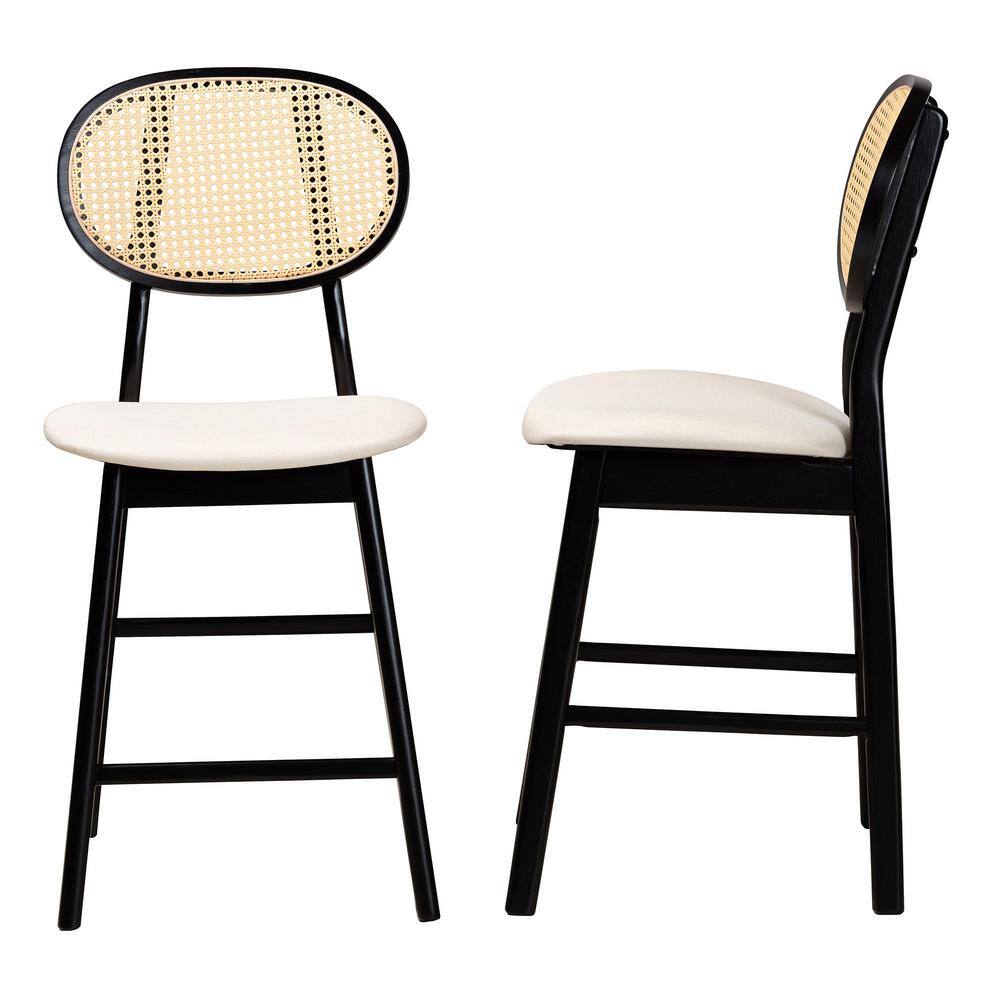 Cream and Black Woven Wood Counter Stools, Set of 2