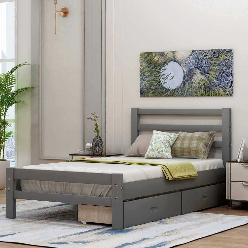 Harper & Bright Designs Gray Twin Wood Platform Bed with 2-Drawers  WF192971AAE - The Home Depot