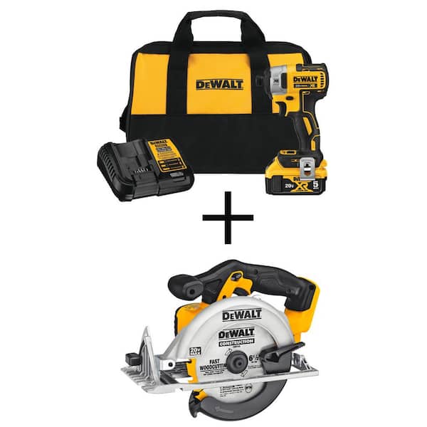 DEWALT 20V MAX XR Cordless Brushless 3-Speed 1/4 in. Impact Driver, 6-1/2 in. Circular Saw, and (1) 20V 5.0Ah Battery