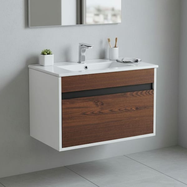 Alpine 30 in. W x 18.11 in. D x 19.75 in. H Bathroom Vanity Side Cabinet in Brown Walnut with White Ceramic Top