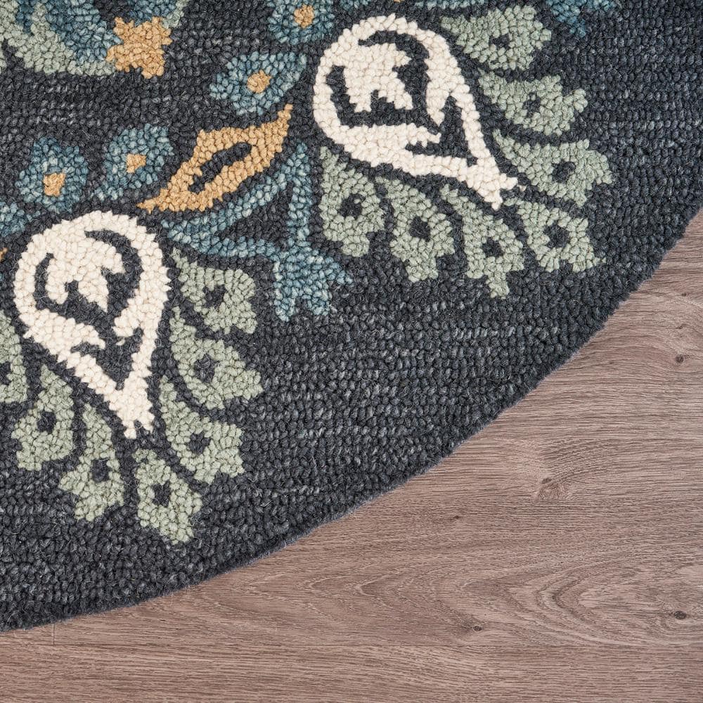 Handmade Gray Floral Wool Round Area Rug, 4 Feet