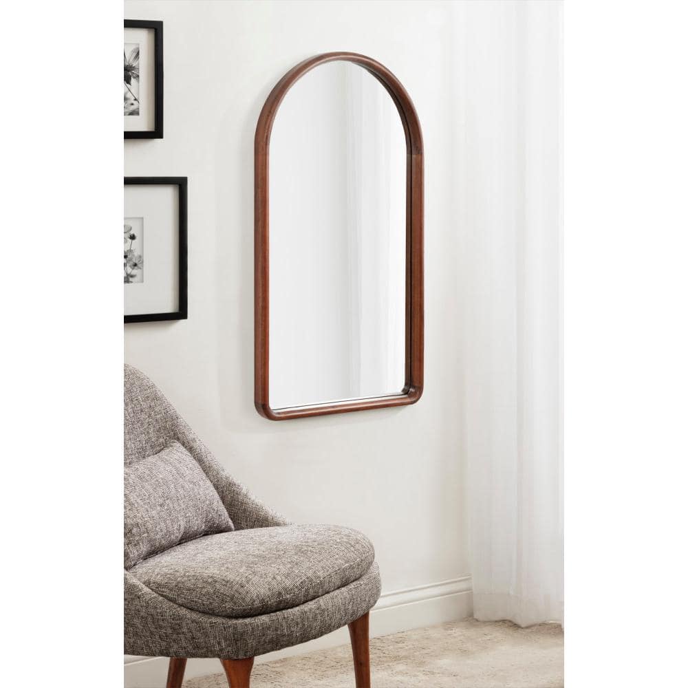 Tall Arched Walnut Wood Wall Mirror with Rounded Frame