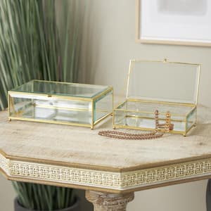 Clear Glass Beveled Jewelry Box with Gold Metal Frame and Chain Accent (Set of 2)