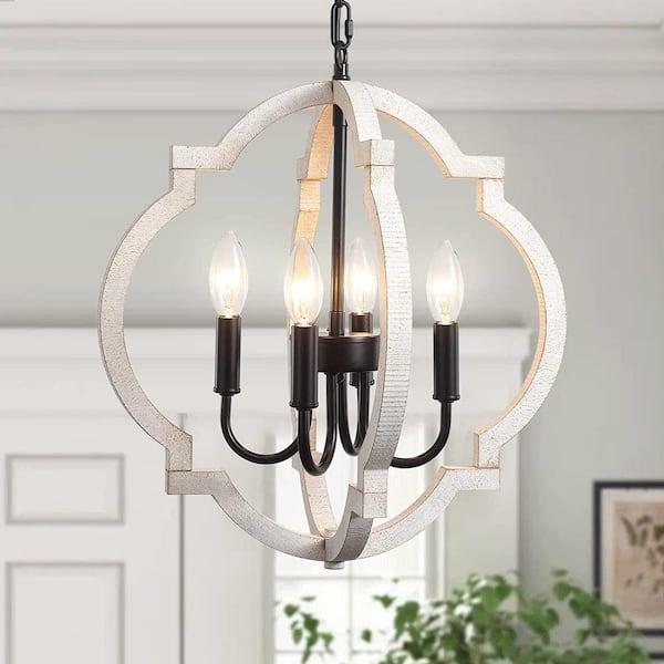 LWYTJO Tieton 4-Light Black Vintage Orb Wood Chandelier Rustic Farmhouse Candlestick Geometric Kitchen Island Cottage Pendant