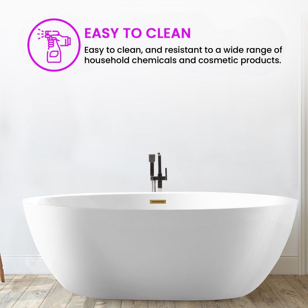 59" White Acrylic Freestanding Soaking Bathtub with Gold Accents